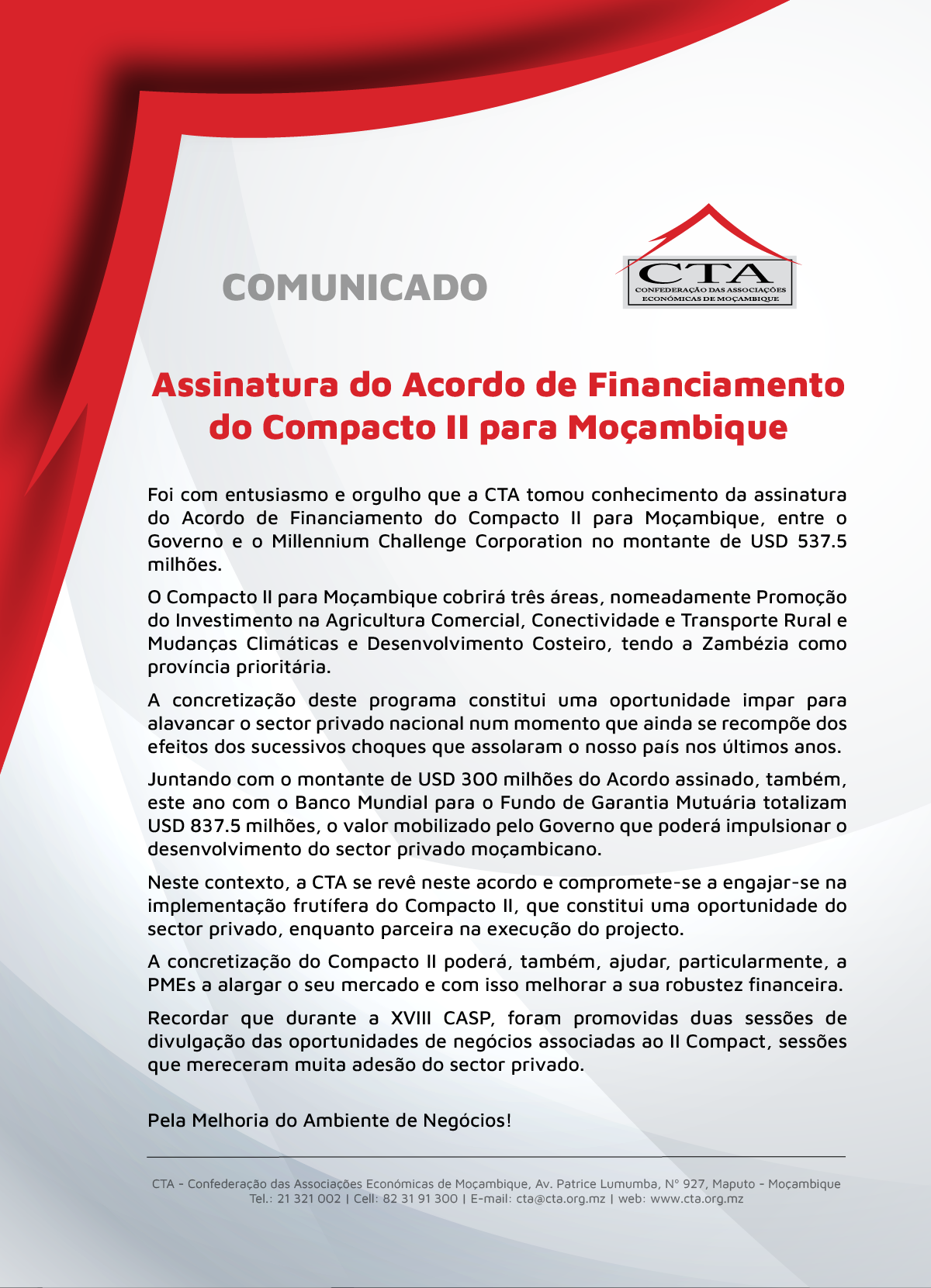 Comunicado: Assinatura do Acordo de Financiamento do Compacto II para Moçambique